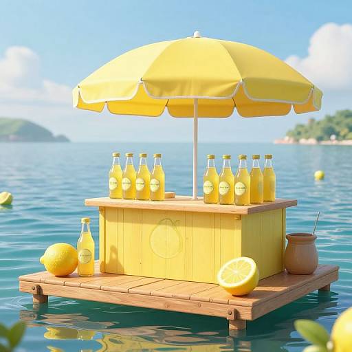 Photograph of a yellow lemonade stand with umbrella, bottles, lemons, and pitcher on a wooden dock, set on a calm, blue lake