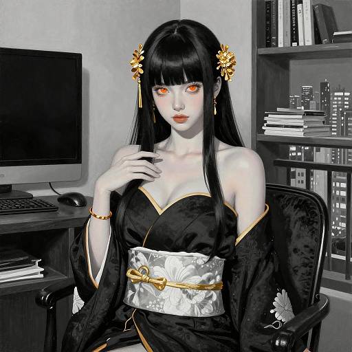 Digital artwork of a pale-skinned, black-haired woman in a black kimono with gold accents, orange eyes, and floral hairpins, sitting in