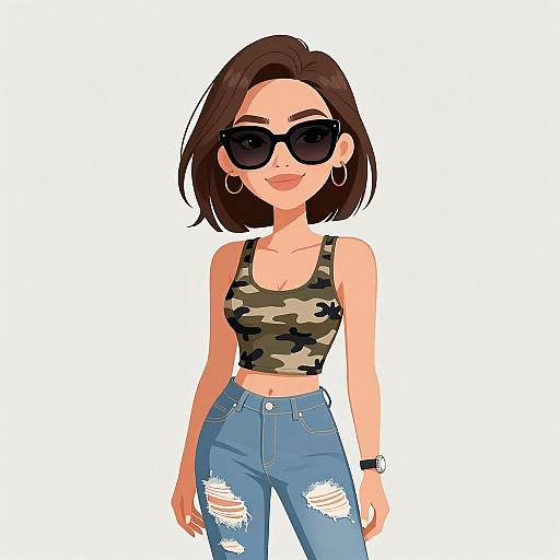 Digital illustration of a stylish woman with short brown hair, black sunglasses, camo tank top, and ripped blue jeans, standing against a white background.