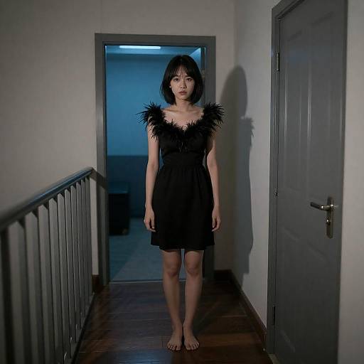 Mysterious Woman in Dimly Lit Hallway