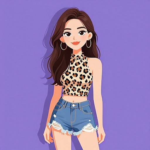 Digital illustration of a smiling woman with long brown hair, wearing a leopard-print halter top and frayed blue denim shorts, against a solid purple background