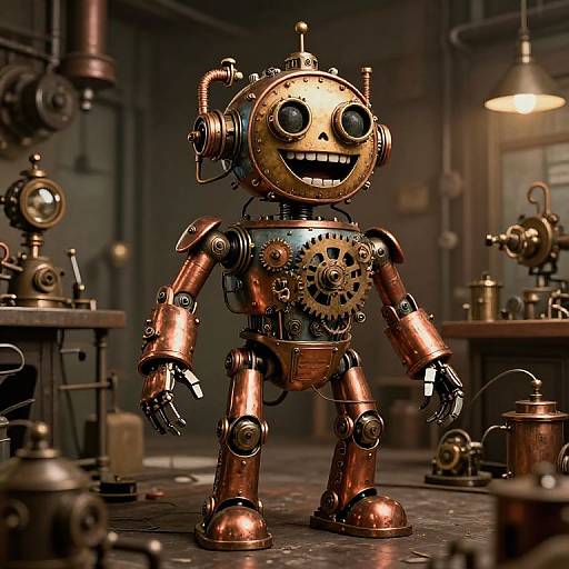 Steampunk Robot Laughing in Workshop