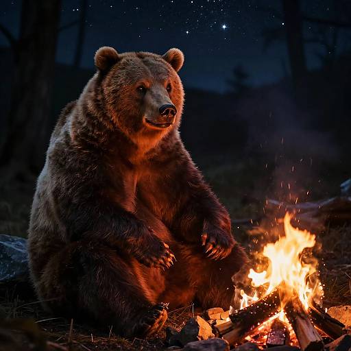 Photograph of a large, brown bear sitting by a roaring campfire in a dark forest at night, with glowing embers and starry sky in