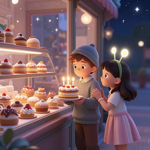 Digital illustration of a boy and girl admiring cupcakes with candles in a brightly lit, evening bakery. The girl wears a green headband and pink skirt