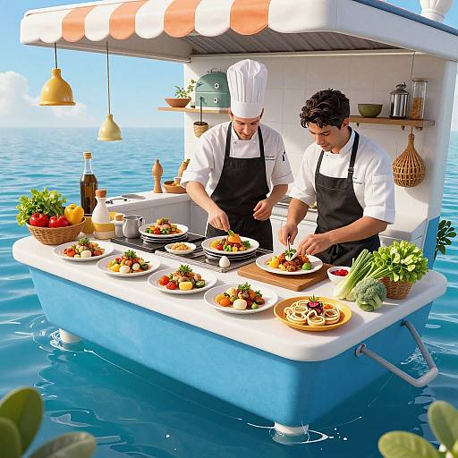 Photorealistic CGI image: Two chefs in white uniforms and black aprons, preparing colorful salads on a floating kitchen island in calm, blue ocean water