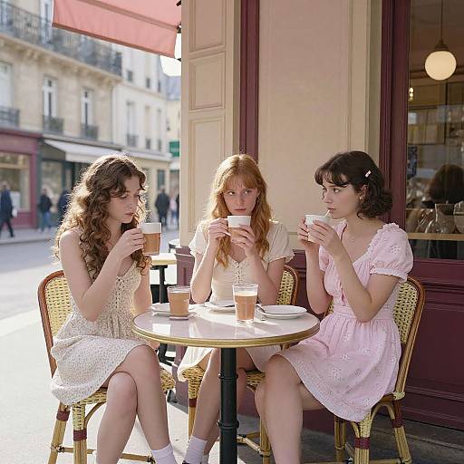 Photograph of three women with curly and straight brown hair, wearing white and pink dresses, sitting at a Parisian café table, sipping coffee.