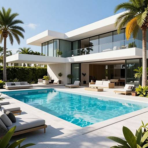 Modern two-story white house with large glass windows, blue swimming pool, sun loungers, palm trees, and clear blue sky. Photographic image.
