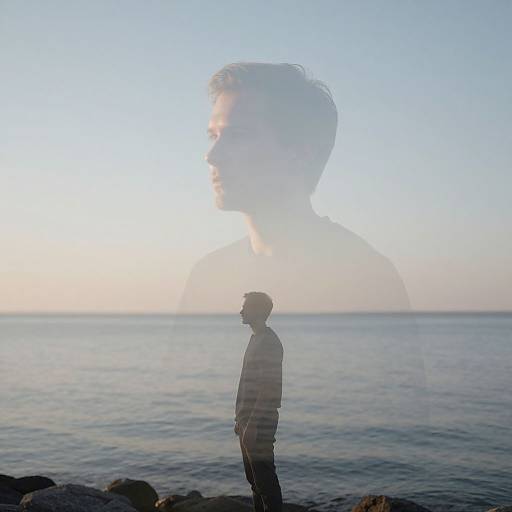 Photograph of a silhouetted man standing by a calm ocean, with a large, translucent, superimposed shadow of his face in the