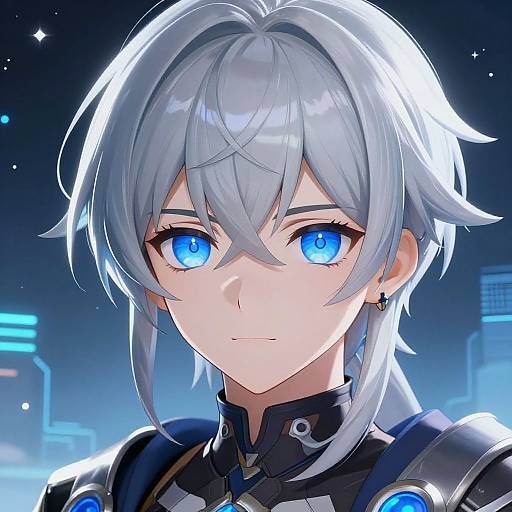 Digital anime-style portrait of a silver-haired, blue-eyed character with glowing eyes, wearing futuristic armor, set against a starry night cityscape background.
