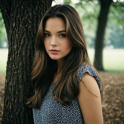 Young Woman in Patterned Dress by Tree