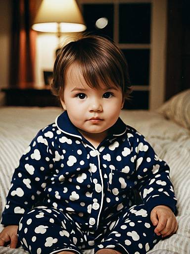 Toddler in Blue Polka Dot Pajamas Sitting on Bed