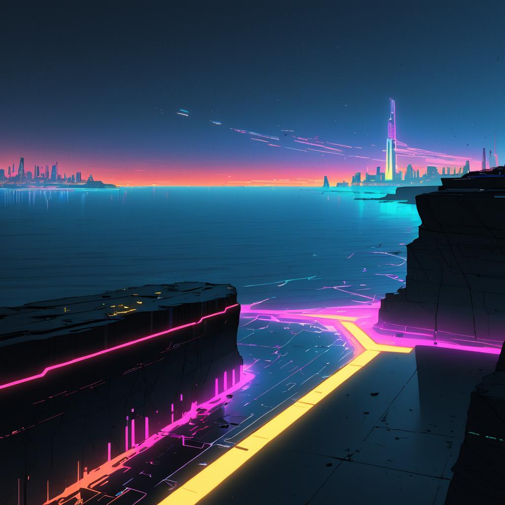 Futuristic Neon Oceanfront Bluffs at Dusk