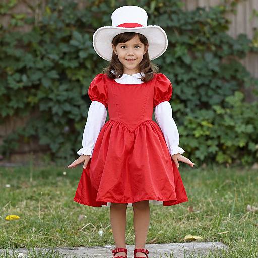 Young girl in red dress, white blouse, and wide-brimmed white hat stands on grass, smiling, with lush green ivy background.