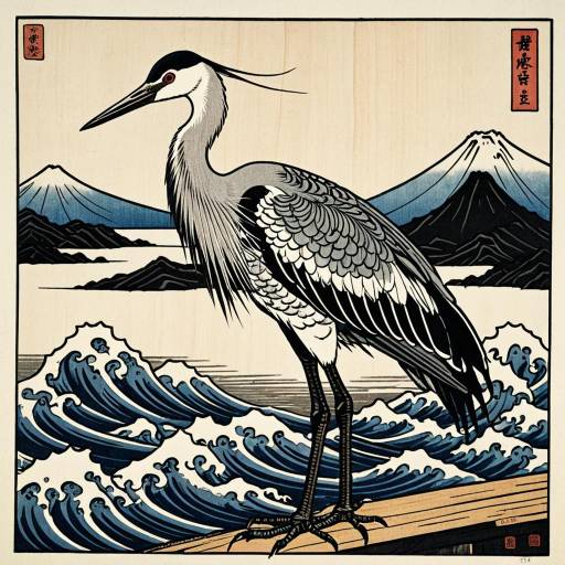 Ukiyo-e Woodblock Print of Crane Bird Ukiyo-e Woodblock Print of Crane Bird