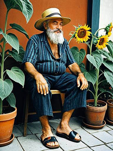 Elderly Man in Mambo Costume Sitting Among Sunflowers