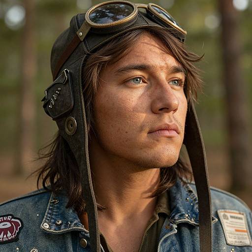 Photograph of a young man with medium brown hair, wearing aviator goggles and leather headgear, denim jacket, with a forest background. He gaz