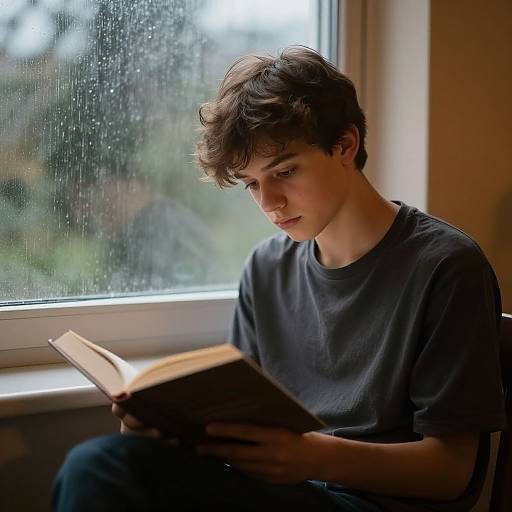 Photograph of a young man with short, wavy brown hair, wearing a black t-shirt, sitting by a rainy window, deeply focused on reading