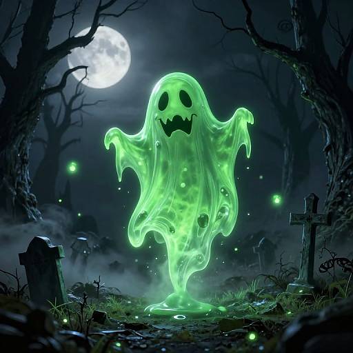 Digital illustration of a glowing green ghost with black eyes and teeth, floating in a dark, spooky graveyard under a full moon.