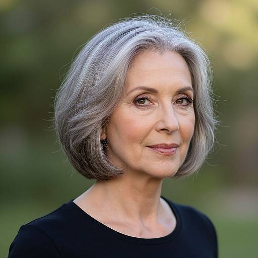 Photograph of an older woman with short, silver-gray hair, wearing a black top, smiling subtly against a blurred green outdoor background.