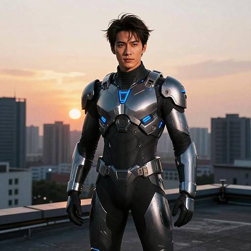 Photorealistic CGI of an Asian man with short black hair, wearing a sleek, metallic and black armored suit with blue accents, standing on a rooftop