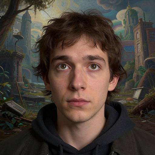 Digital portrait of a young man with wide eyes, short brown hair, wearing a black hoodie, set against a surreal, fantasy landscape with ruins and lush