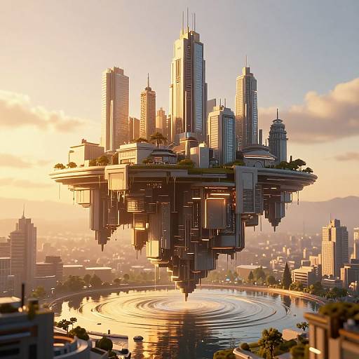 Photorealistic CGI of a futuristic cityscape with a floating skyscraper complex, illuminated by a golden sunset, reflecting on a circular water body below.