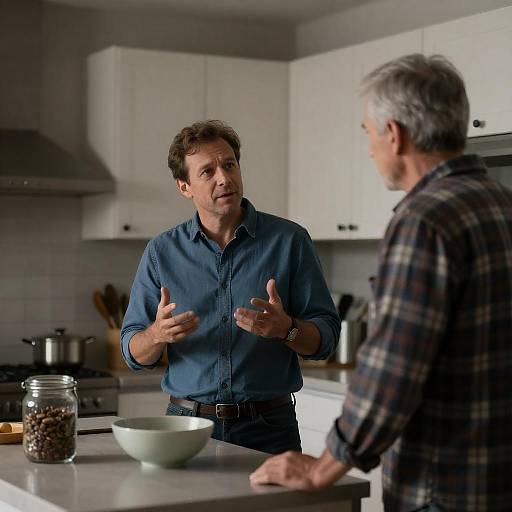 Dimly Lit Kitchen Conversation Between Men