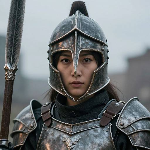 Photograph of a serious Asian woman in medieval silver armor with a helmet, holding a spear, against a blurred outdoor background.