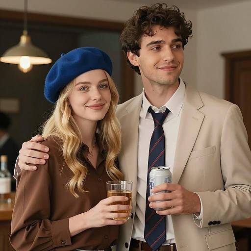 Young Couple Smiling Indoors with Drinks