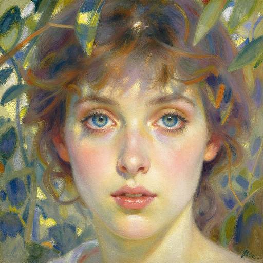 Digital painting of a fair-skinned woman with blue eyes, wavy brown hair, and soft pink lips, surrounded by colorful, abstract leaves. Real