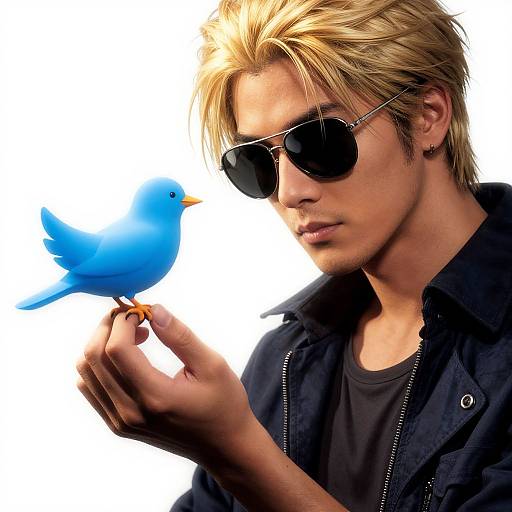 Photograph of a young, blonde-haired man with tousled hair, black sunglasses, and black jacket, gently holding a bright blue bird on his index