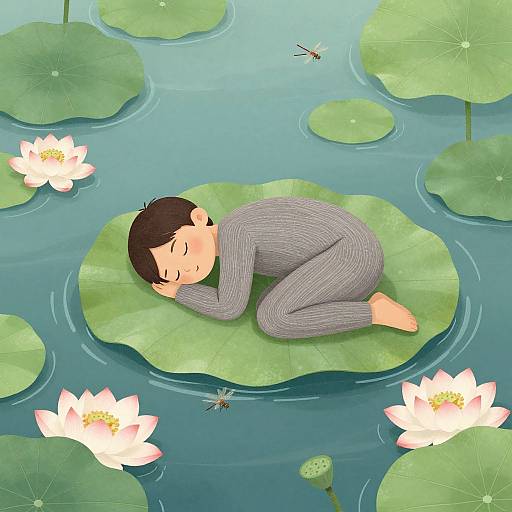 Digital illustration of a cute, sleeping boy in a gray onesie, curled on a lily pad, surrounded by water lilies, dragonflies,