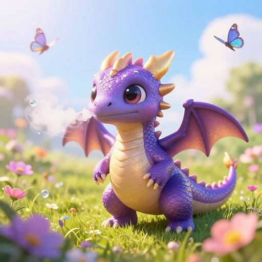 Realistic Baby Dragon in Magical Meadow