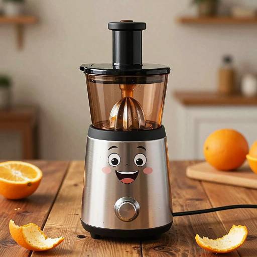 Anthropomorphic Orange Juicer on Wooden Table