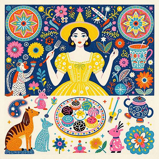 Vibrant Serigraph with Woman and Whimsical Scene