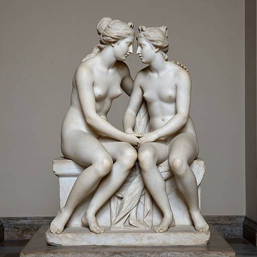 Photograph of a white marble statue depicting two nude, seated, classical-style women with intertwined hands, facing each other, on a pedestal.