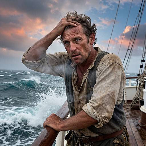 Photograph of rugged, wet, middle-aged man with tousled hair, wearing a dirty, rolled-up shirt and vest, leaning on ship railing at