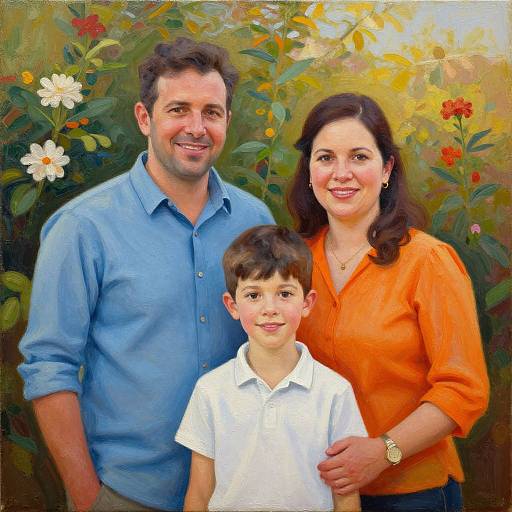 Photograph-style painting of a smiling Caucasian family: father in blue shirt, mother in orange blouse, and son in white polo, standing in a colorful