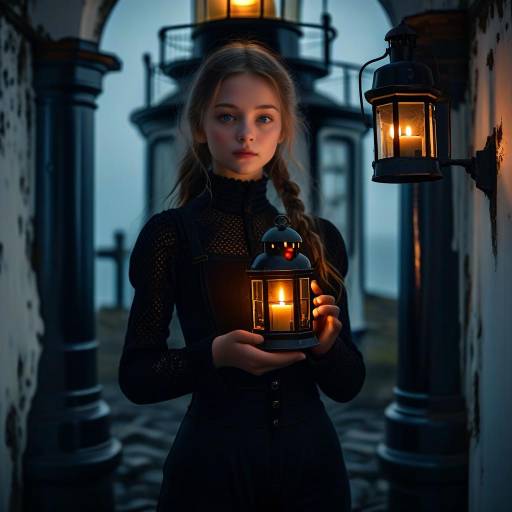 Young Girl Holding Lantern Inside Lighthouse at Night