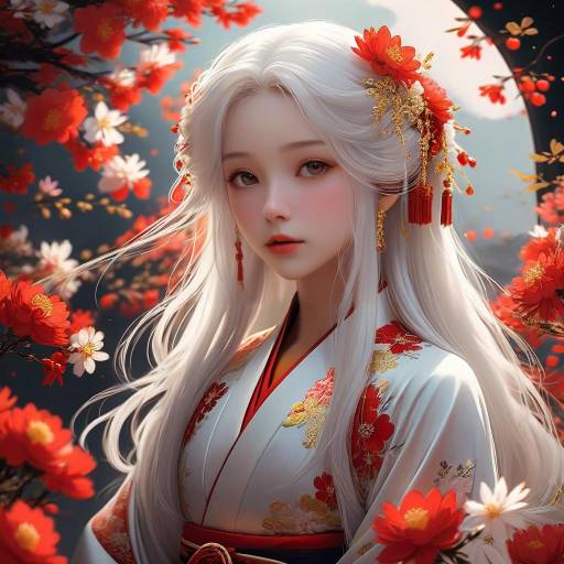 Elegant Anime Woman in Hanfu Surrounded by Flowers