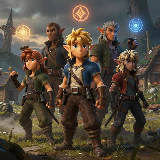 CGI fantasy scene of five elven adventurers with glowing magical symbols, standing confidently in a medieval village under a cloudy sky.