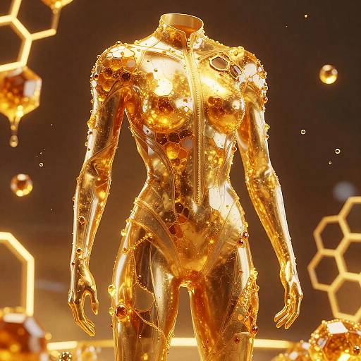 Photograph of a golden, honey-textured humanoid figure with hexagonal patterns, illuminated against a dark background with glowing hexagons.