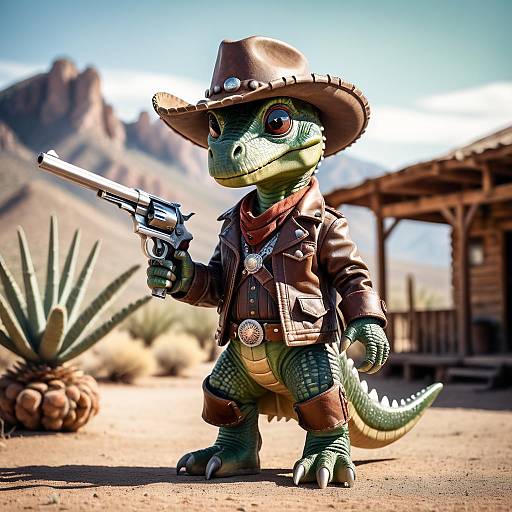Dinosaur Cowboy with Revolver in Desert