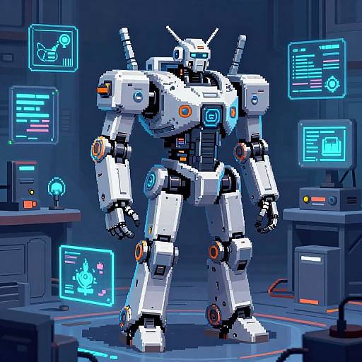 Pixel art of a white, robotic mecha with blue and orange accents standing in a high-tech lab with glowing neon screens.