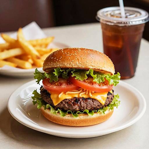 Photograph of a juicy cheeseburger with lettuce, tomato, and melted cheese on a sesame seed bun, accompanied by a glass of iced soda and