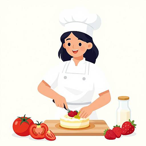 Digital illustration of a smiling female chef with black hair, wearing a white hat and uniform, slicing strawberries on a cake. Surrounding her are strawberries,
