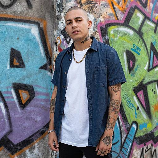 Photograph of a young, tattooed man with shaved head, wearing a navy shirt over white tee, gold chain, standing against colorful graffiti wall.