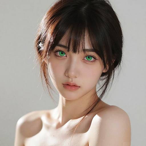 Photograph of an Asian woman with fair skin, green eyes, and dark brown hair in a loose ponytail, bare shoulders, and a neutral expression