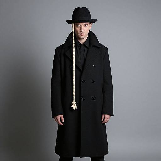 Photograph of a pale-skinned man with braided hair, wearing a black hat, black coat, and black scarf, standing against a gray background