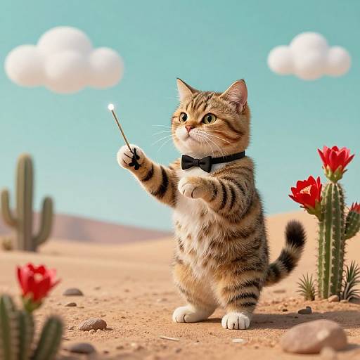 Photorealistic CGI of a cute, striped tabby kitten in a black bow tie, standing in a desert, holding a magic wand and pointing at